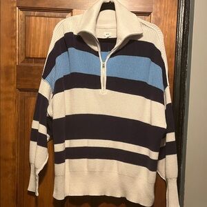 Aerie woman’s sweater.  Half zip.  Navy blue, ivory and powder blue stripes